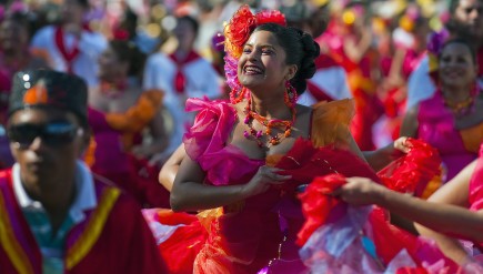 Dancers move to cumbia during a Carnival parade in Barranquilla, Colombia in Feb. 2012.