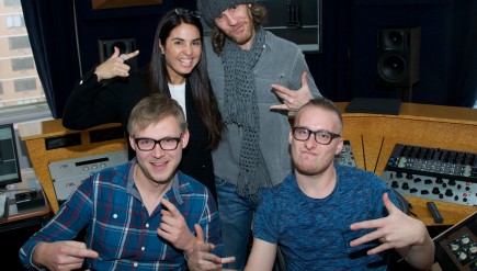 Mastering engineer Emily Lazar poses with producer Scott Jacoby (top right) and members of the band School is Cool at her Manhattan studio, The Lodge.
