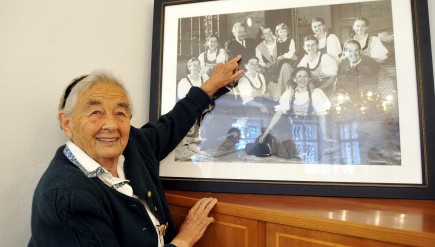 Maria von Trapp in 2008 at the age of 93. The daughter of Austrian Baron Georg von Trapp, points to her father on an old family picture. She died on Tuesday at her home in Vermont.
