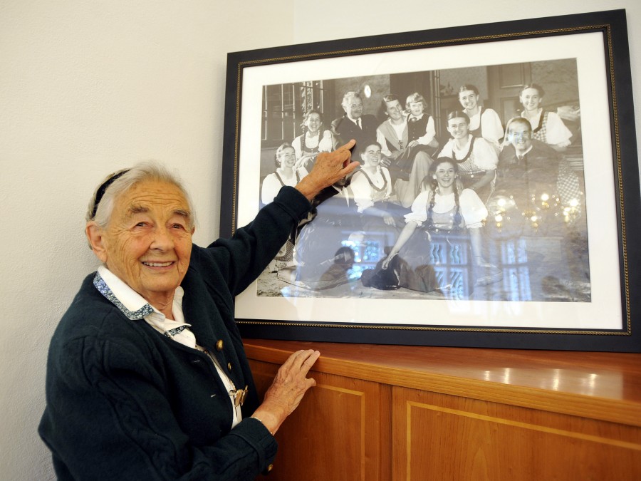 Maria von Trapp in 2008 at the age of 93. The daughter of Austrian Baron Georg von Trapp, points to her father on an old family picture. She died on Tuesday at her home in Vermont.