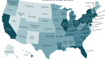 A map of the U.S. lists the musical acts that set states apart from each other. It's not a matter of an artist's popularity, says Paul Lamere, who made the map, but of a state's distinct preferences.