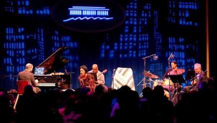 Jason Moran (left), Alicia Hall Moran (center), The Bandwagon and Bill Frisell (right) perform at the KC Jazz Club.