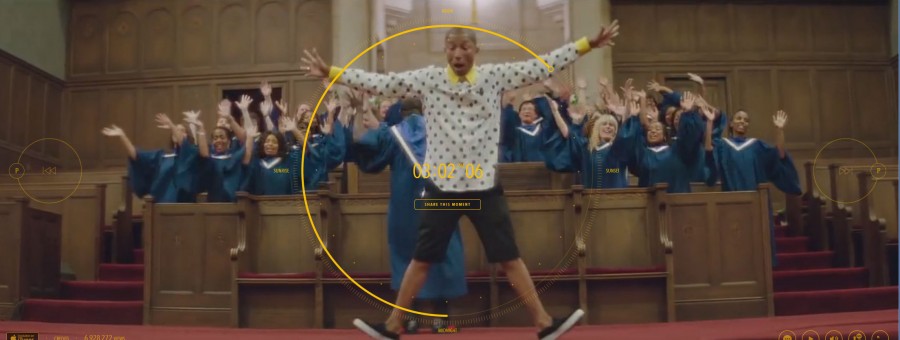 A still from the 24-hour-long interactive video for Pharrell Williams' song "Happy."