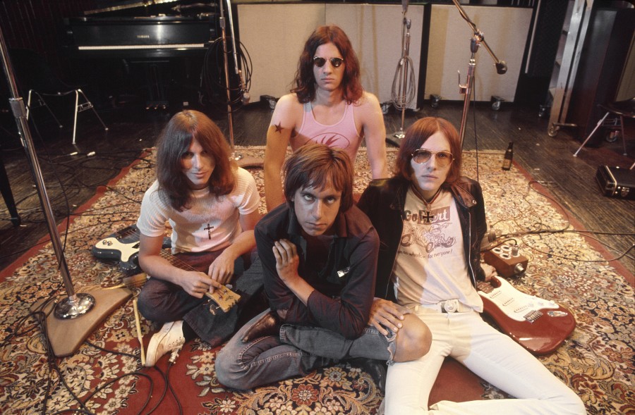 The Stooges (L-R Dave Alexander, Iggy Pop in front, Scott Asheton in back and Ron Asheton) in the studio in 1970, during the making of their second album, Fun House.