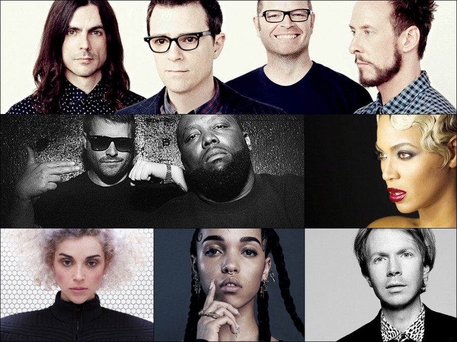 Top row: Weezer; Middle row: Run The Jewels, Beyonce; Bottom row: St. Vincent, FKA Twigs, Beck