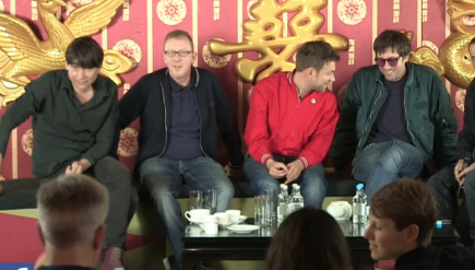 Blur, producer Stephen Street and BBC host Zane Lowe during the band's Facebook webcast.