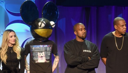 Madonna, Deadmau5, Kanye West and Jay Z onstage at the Tidal launch event.