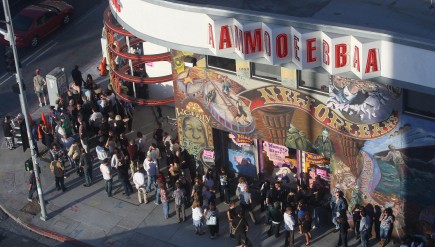 A crowd gathers at Hollywood's Amoeba Music for a free weekday concert in 2007. A new shift to Friday album releases could spell logistical trouble for independent record stores like this one.
