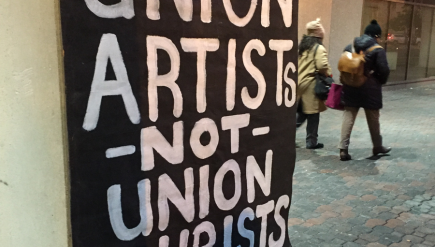 A sign outside Tuesday's zoning hearing, where artists continued protests against plans to transform D.C. arts and music space Union Arts into a hotel.