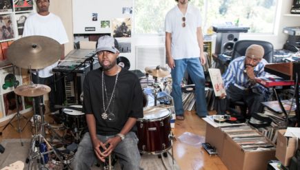 J Dilla (front) is pictured here in 2005 at Madlib's studios in Echo Park, Los Angeles. Collaborators MED, Eothen Alapatt and Madlib (left to right) surround him.