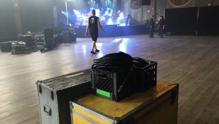A crew sets up for Icelandic band Kaleo's show at Crystal Ballroom in Portland, Ore.